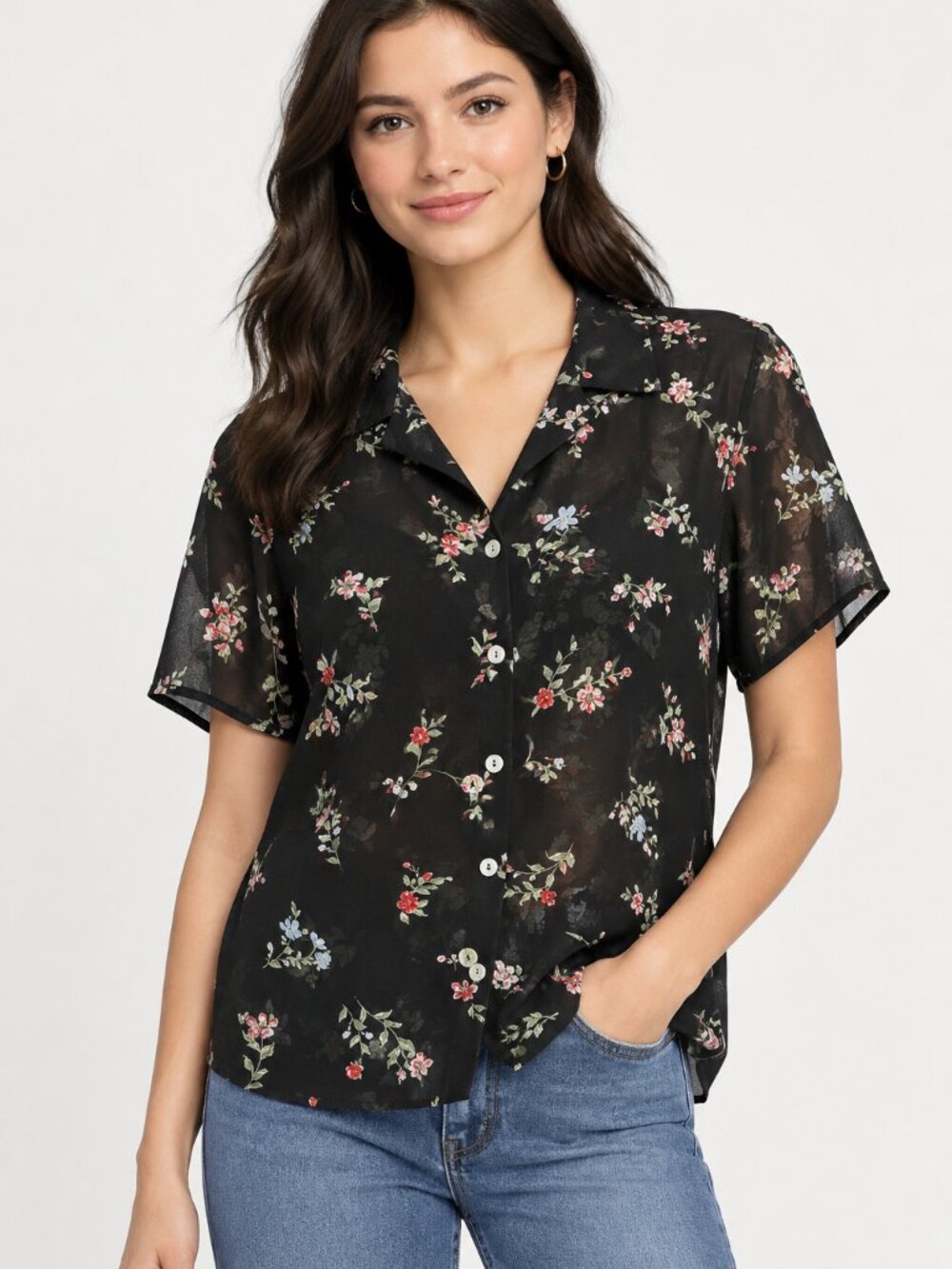 Divided Black Sheer Floral Short-Sleeve Button-Down Shirt Size XXS